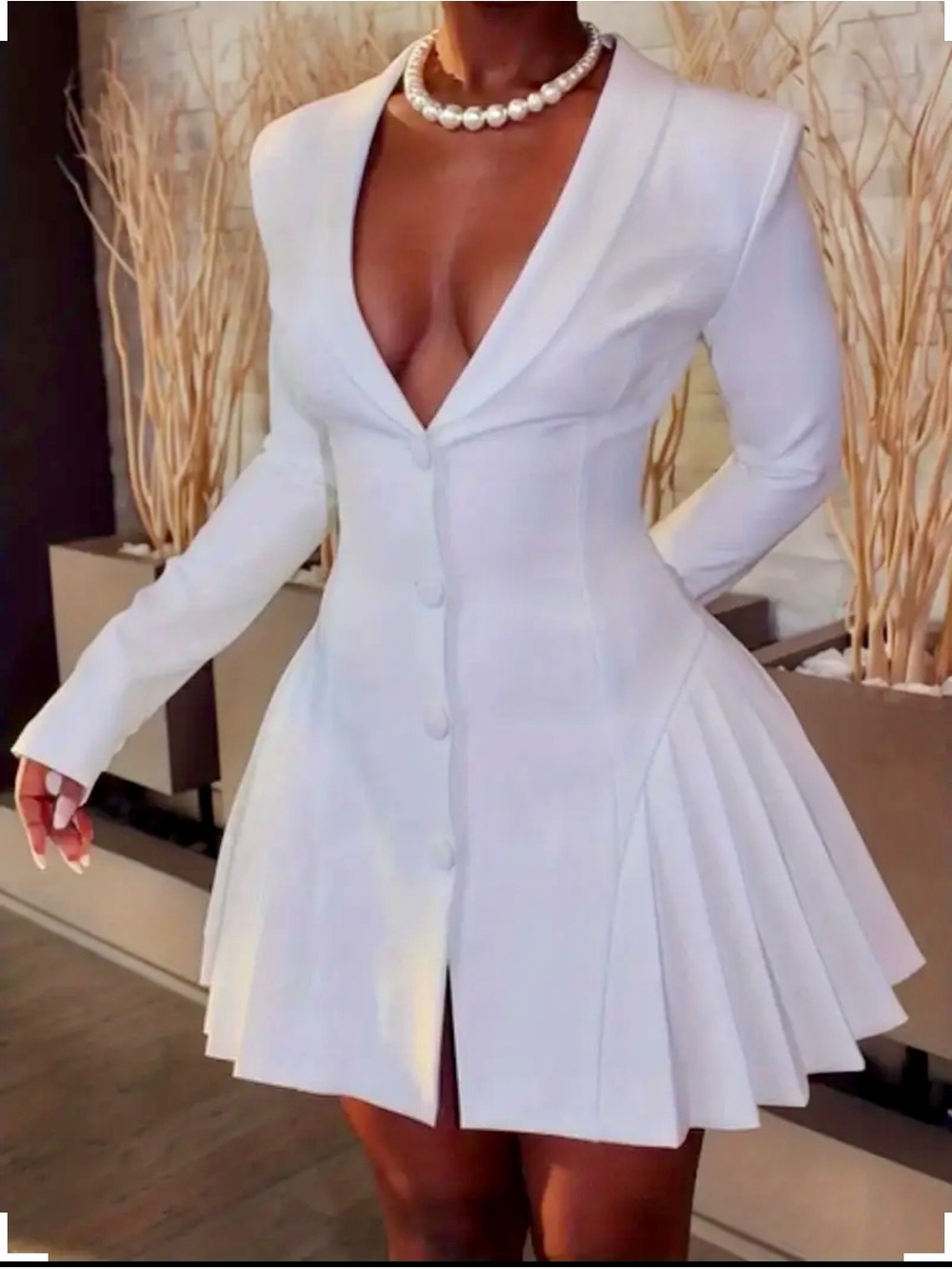 Elegant White Pleated Blazer Mini Dress
